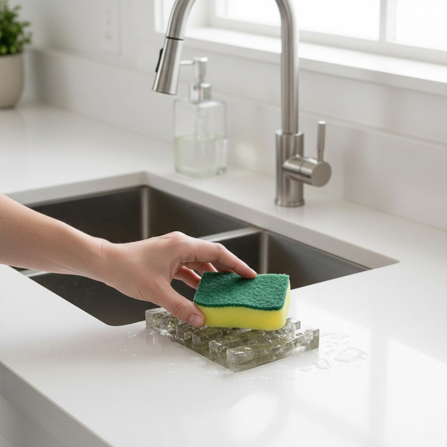 KUHPLOVE Soap Dish Rectangular Draining Holder with Natural Green Inclusions Handcrafted Bathroom Tray Modern Decor Accessory 4.33 x 2.99 x 0.59 Inches (Hair Crystal Double Drain Soap Rack)