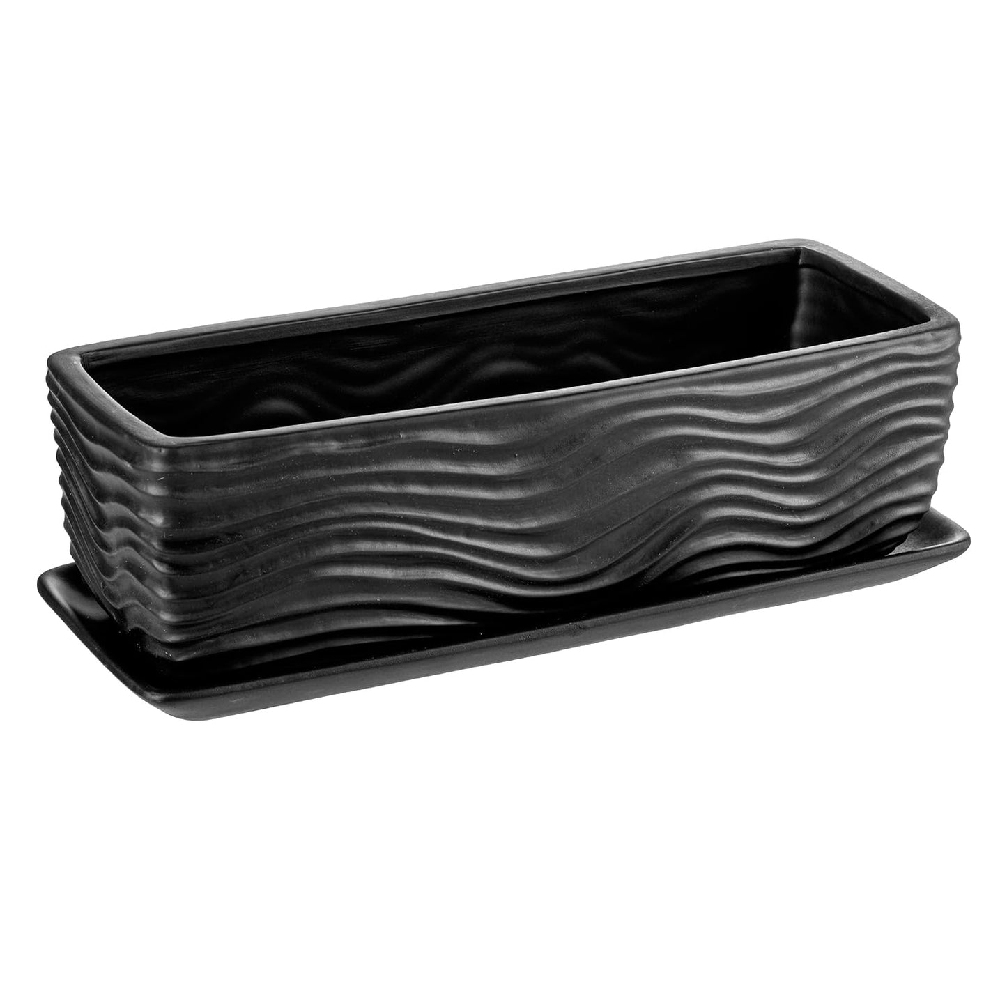MyGift 12.5 inch Ceramic Planter, Modern Textured Rectangular Succulent Flower Plant Pot with Wave Design and Removable Drip Tray Saucer (Black)