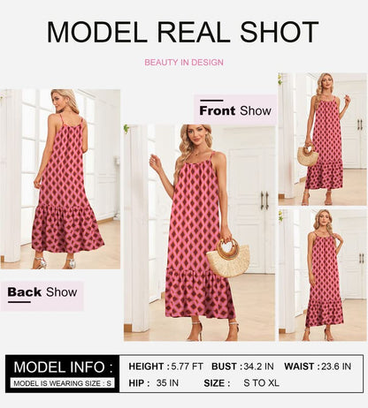 Dokotoo Women Summer Dresses 2025 Spaghetti Strap Scoop Neck Smocked Ruffle Flowy Boho Maxi Dress