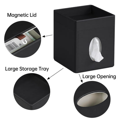 Cretkhp Tissue Box Cover, PU Leather Square Tissue Box Holder with Storage Tray for Bathroom Vanity Countertop Night Stands Bedroom Office Desk, Stylish Tissue Holder Decorative Organizer (Black)