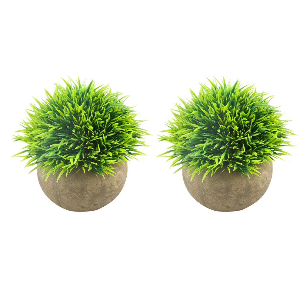 Svenee Mini Artificial Plants, Plastic Fake Green Grass Faux Greenery Topiary Shrubs with Grey Pots for Bathroom Home Office Décor, House Decorations (2)
