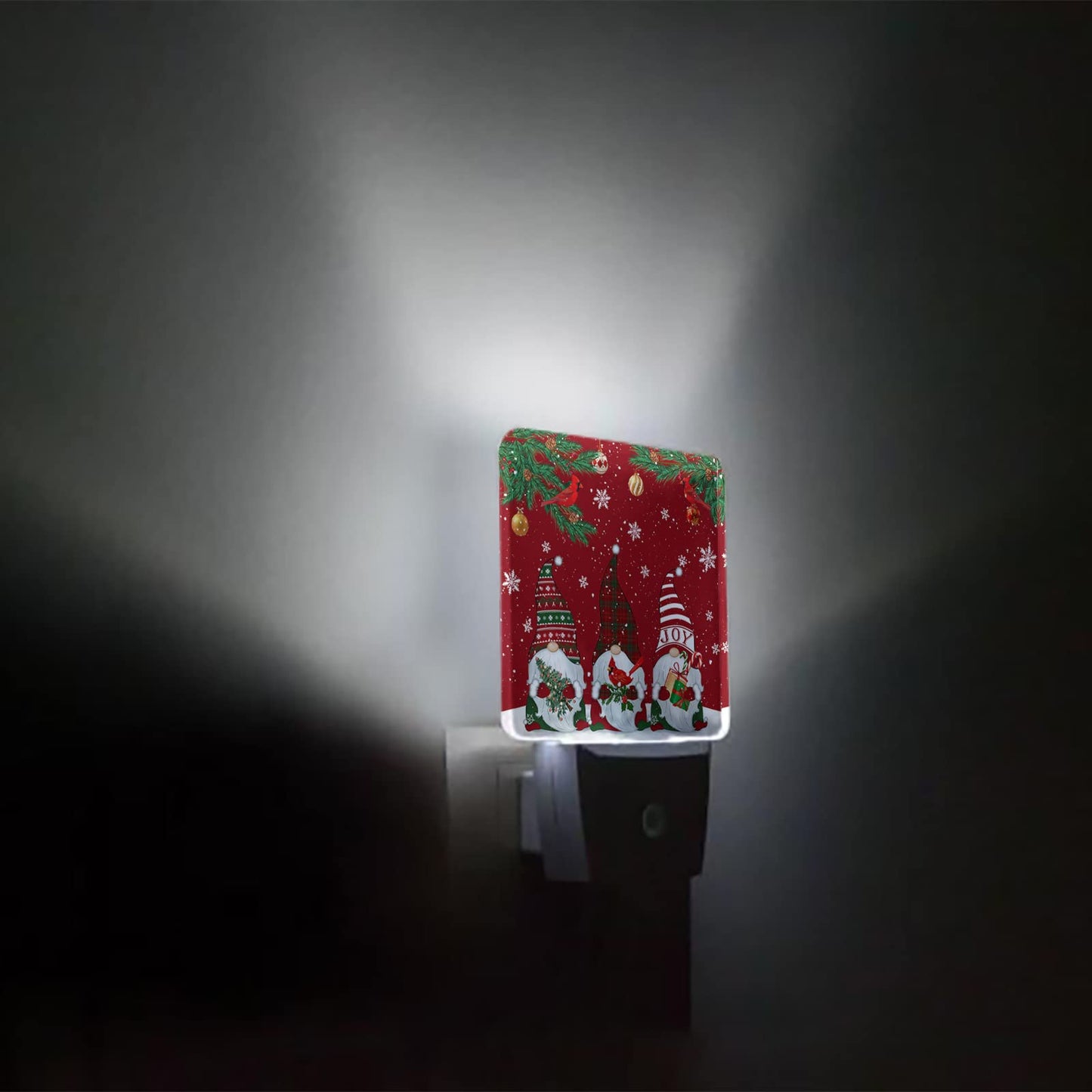 Red Christmas Gnome Cardinals Snowflake Plug-in LED Night Lights Merry Xmas Auto Dusk-to-Dawn Sensor for Bedroom, Bathroom, Kitchen, Nursery, Hallway, Stairs, Wall Home Decor