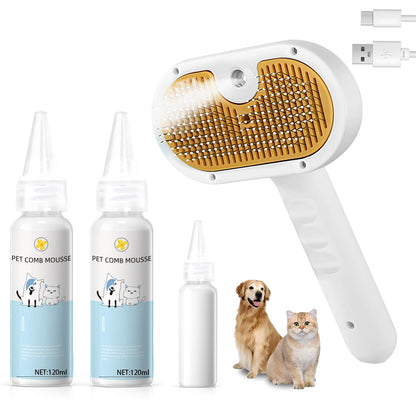 Steam Brush for Dog & Cat – 3-in-1 Pet Spray Hair Removal Comb – Pet Grooming & Shedding Steam – Includes 2*Waterless Shampoo – Water Brush for Long & Short Haired Pets – Defur Spritz Comb