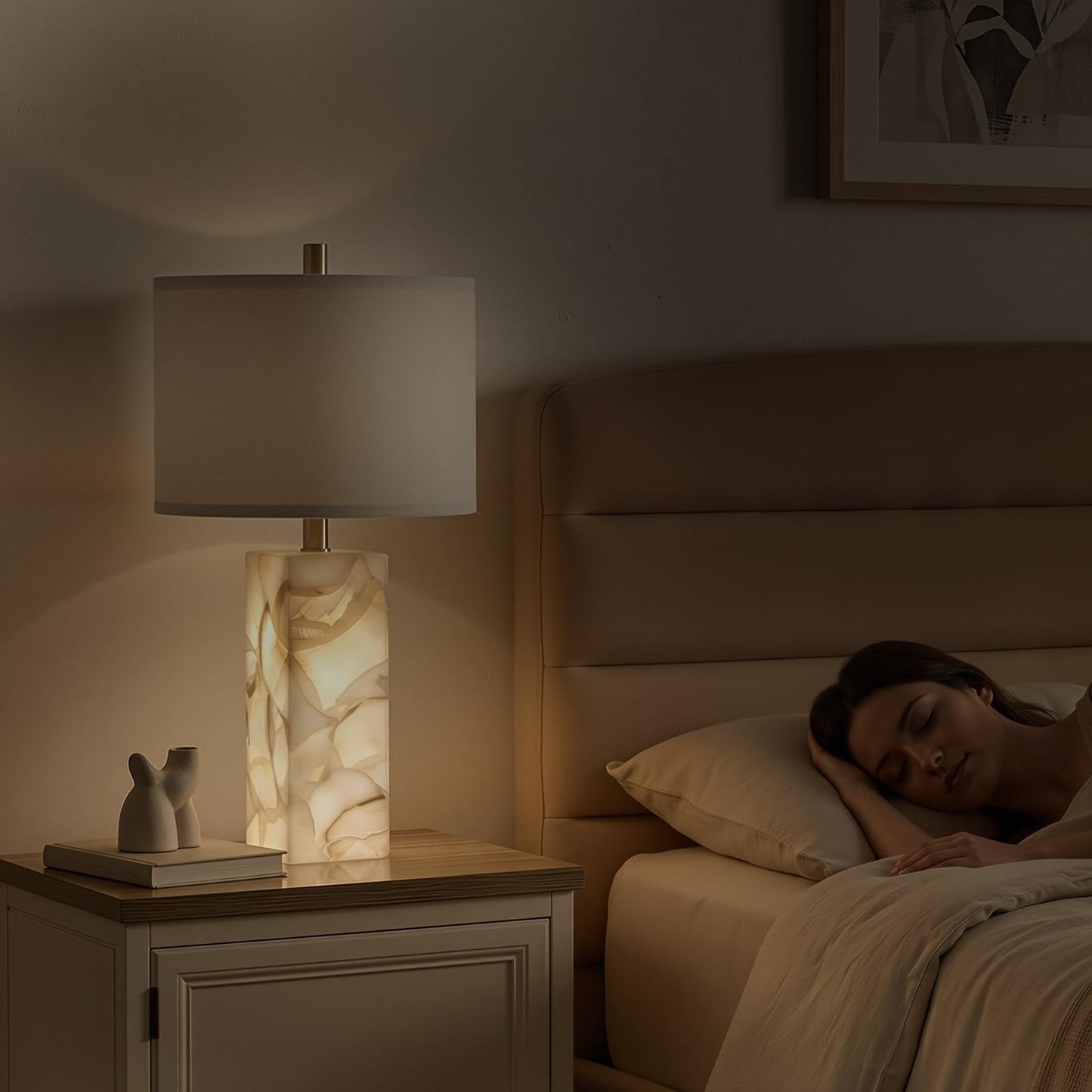 Scenekoy Alabaster Table Lamp Set of 2 with Night Light for Bedroom Living Room, 23" Rotary Switch Bedside Lamp with Linen Shade, Modern Nightstand Lamps for Room Office Dorm (Bulb Included)