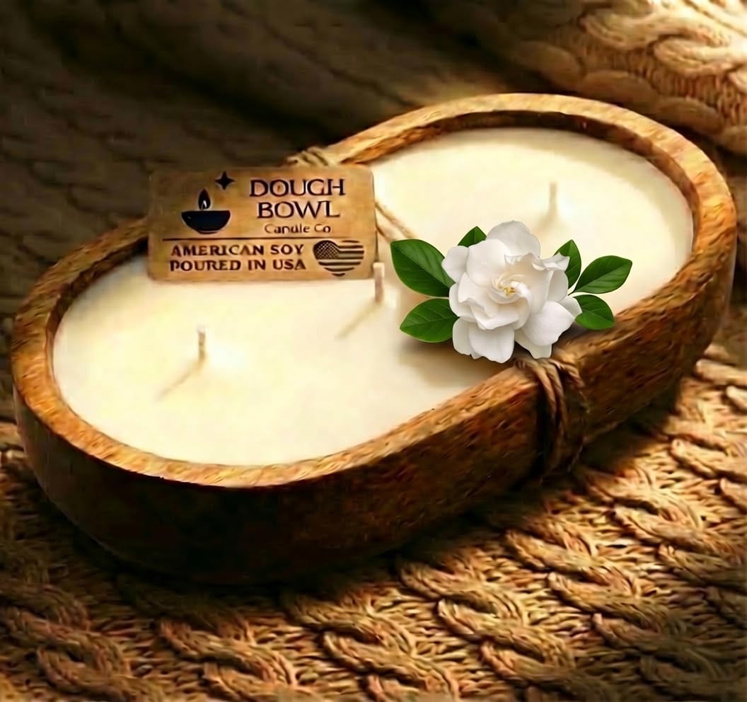 Dough Bowl Candle Co. Gardenia Candle - 100% Soy Candles for Home Scented, 10x6 Large 3 Wick Luxury Home Decor, Aromatherapy Gifts for Summer Spring, Large Decorative White Wax in Wood Bowl, 40H