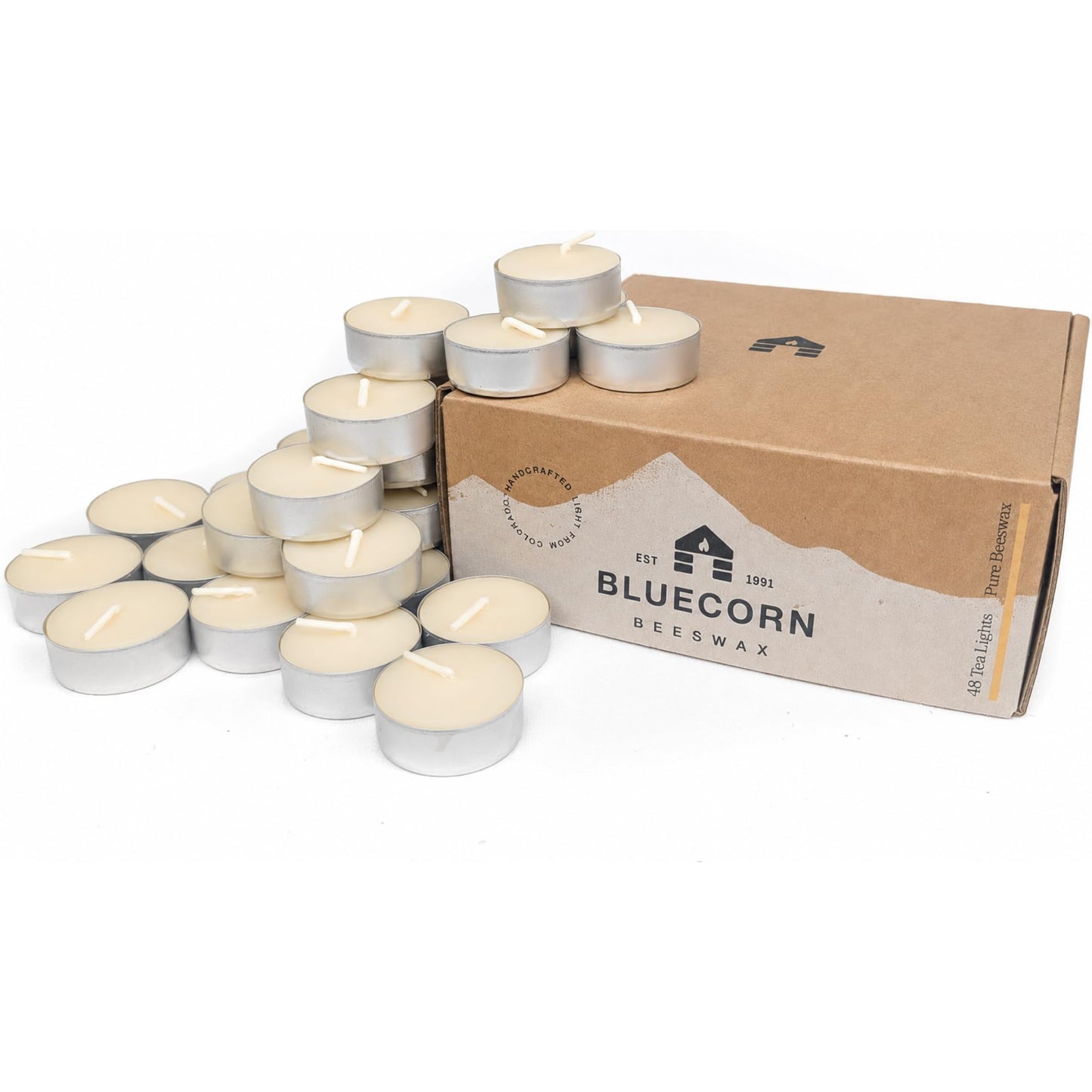 Bluecorn Beeswax Tea Light Candles, 100% Pure Natural Bees Wax, White Tea Lights in Metal Cups, Fragrance Free, Paraffin & Soy Free Candle Wax, Clean Burning, Long Lasting, American Made, 48 Pack