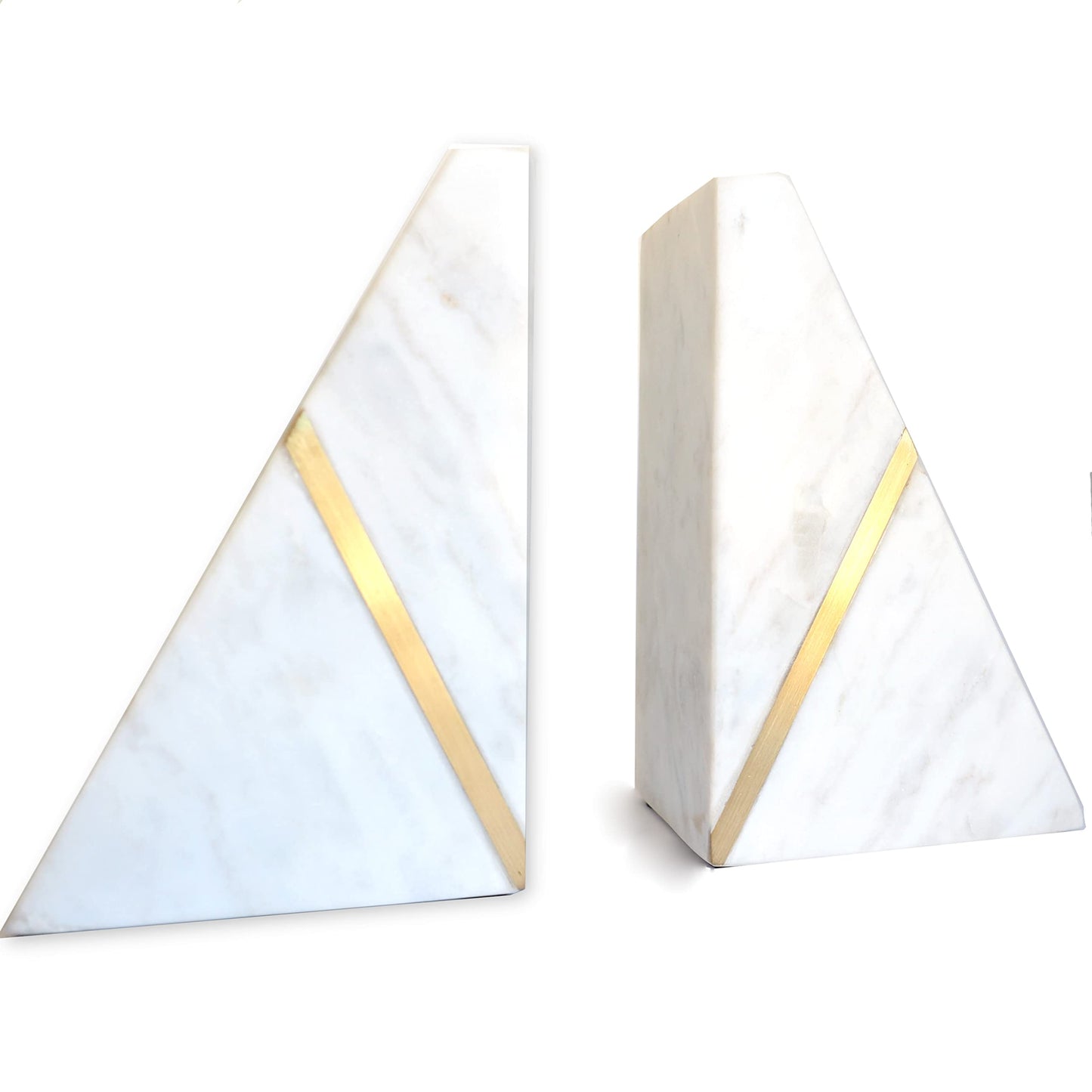 Marble Bookends Handcrafted Heavy Marble Triangular Bookshelf Decor Brass Inlay Set of 2 Decorative Bookends Book Stoppers with Non-Skid Bottom Solid Home Kitchen Office Shelves Triangle