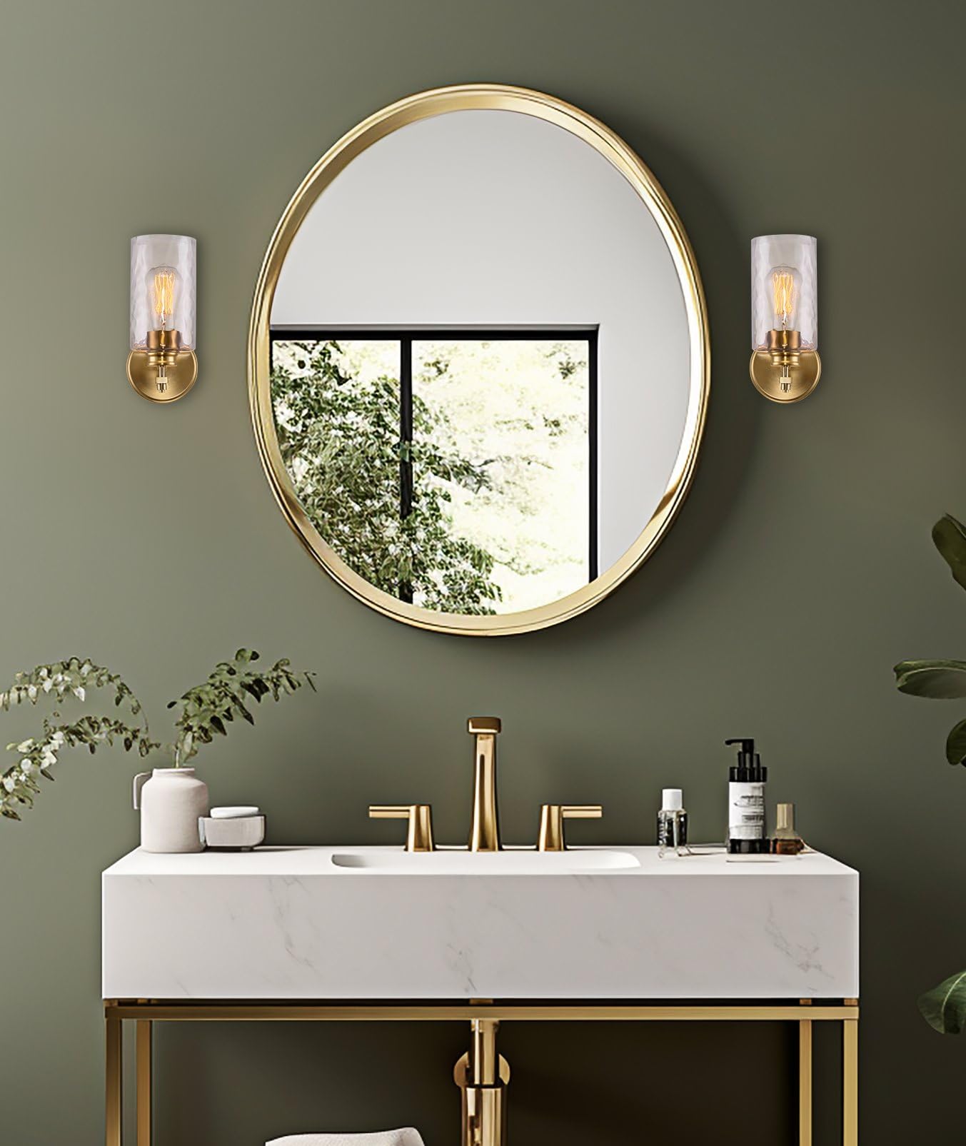 Kira Home Phoebe 10" Modern Gold Wall Sconce with Hammered Glass Shade, Gold Wall Light with Water Glass Cylinder Shade, Cool Brass Finish