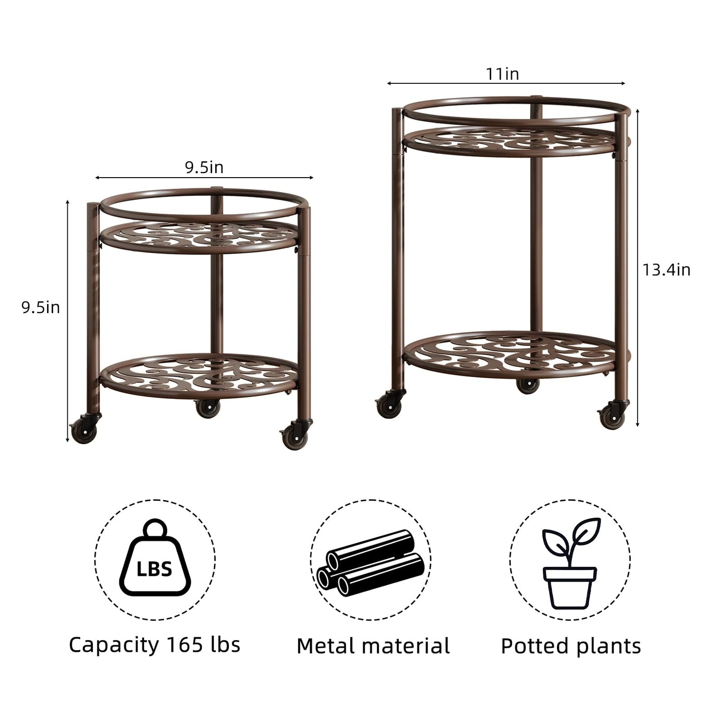 Rioneta Rolling Plant Stand with Wheels – 2 Tier Heavy Duty Flower Pot Holder for Indoor & Outdoor, Easy Move Cart for Balcony, Patio, Garden, 165 lbs Capacity 2 Pack Coffee
