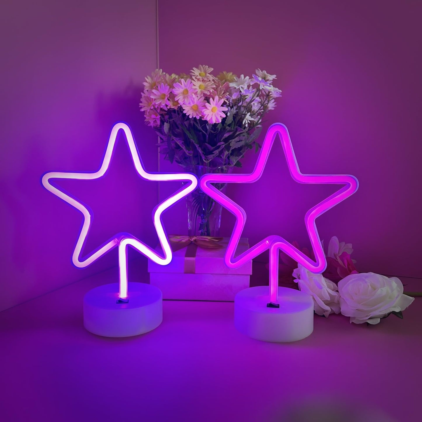 TT·SSTIE Star Neon Sign LED Star Lights for Wall Decor Battery Powered or USB Neon Star Light with Base Neon Sign for Bedroom Party Bar Gift Birthday Decoration Pink & Purple-2PCS