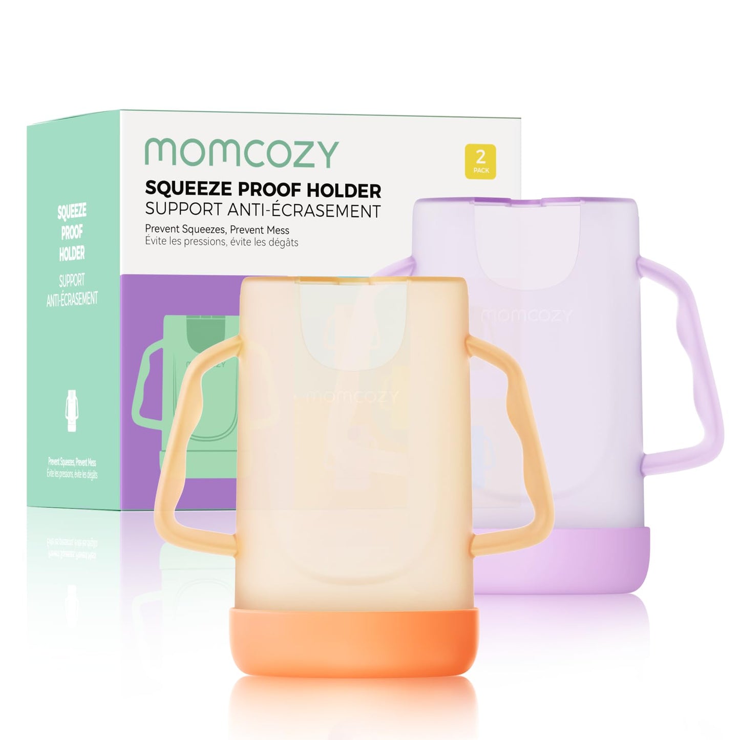 Momcozy Squeeze Pouch Holder for Food Pouches and Drink Boxes, Baby Pouch Holder Allows Baby to Self-feed and Avoid Messes, Baby Food Pouch Holder Handle is Easy to Grip, Comfortable, Violet&Orange