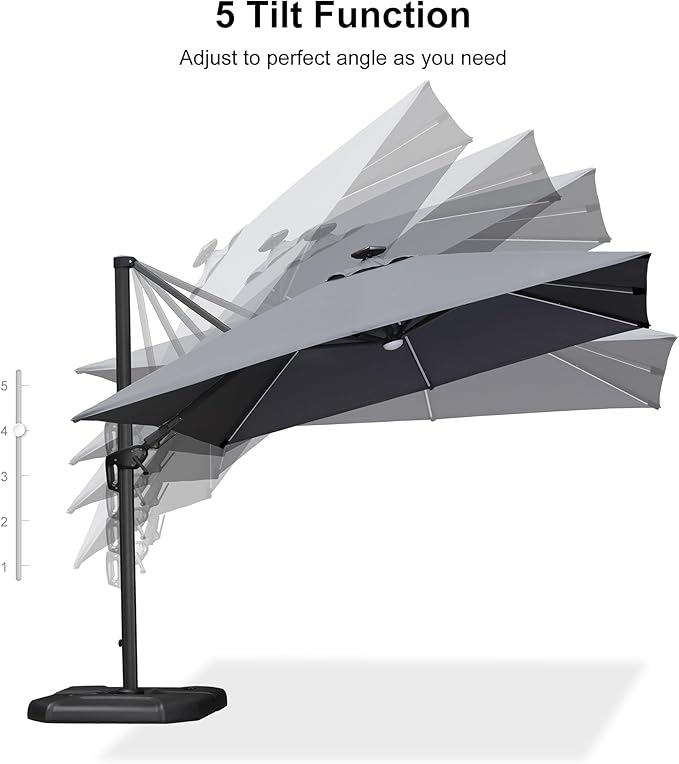PURPLE LEAF 10 Feet Patio Umbrella with Base Outdoor Cantilever Solar Powered LED Swivel Square Umbrella Aluminum Offset Umbrella with 360-degree Rotation for Garden Deck Pool Patio Light Grey