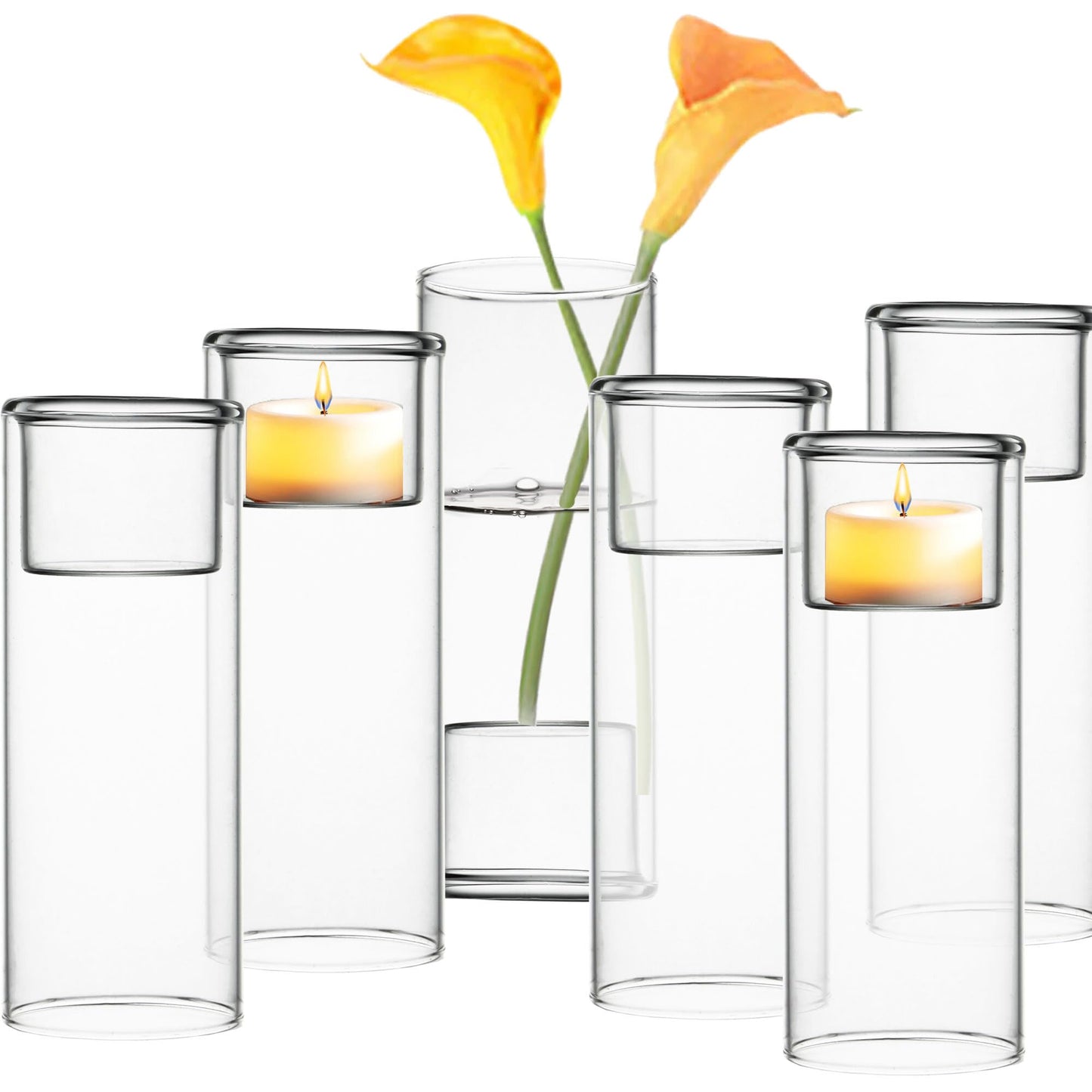 CYS EXCEL Clear Glass Tealight Candle Holders Bud Vases (Pack of 6) Hurricane Candle Holders Home Décor Wedding Candle Centerpiece Cylinder Vases