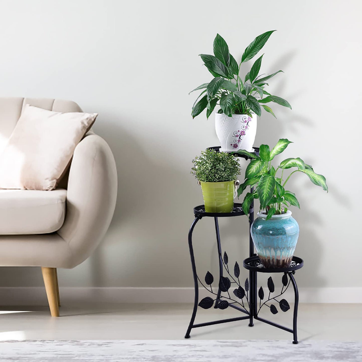 DAZONE 3-Tier Plant Stand for Indoor and Outdoor Use, Black Wrought Iron Metal Plant Shelf Holds 3 Pots, Space-Saving Decor for Corner, Balcony, Bedroom, Garden