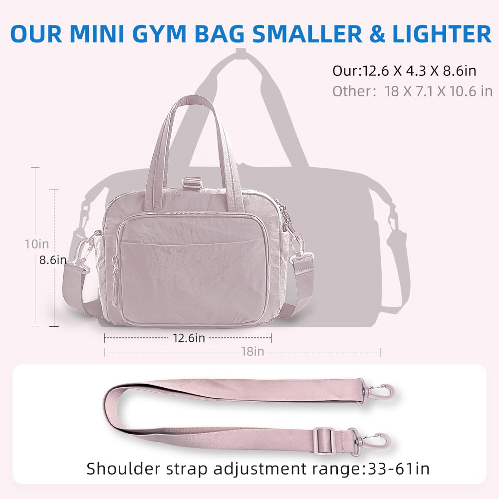 Geelraqaly mini gym bag for women, travel duffel bag with wet pockets and Shoe Compartment,Lightweight carry on weekender duffel, water resistant,for sports,yoga,dance,pink