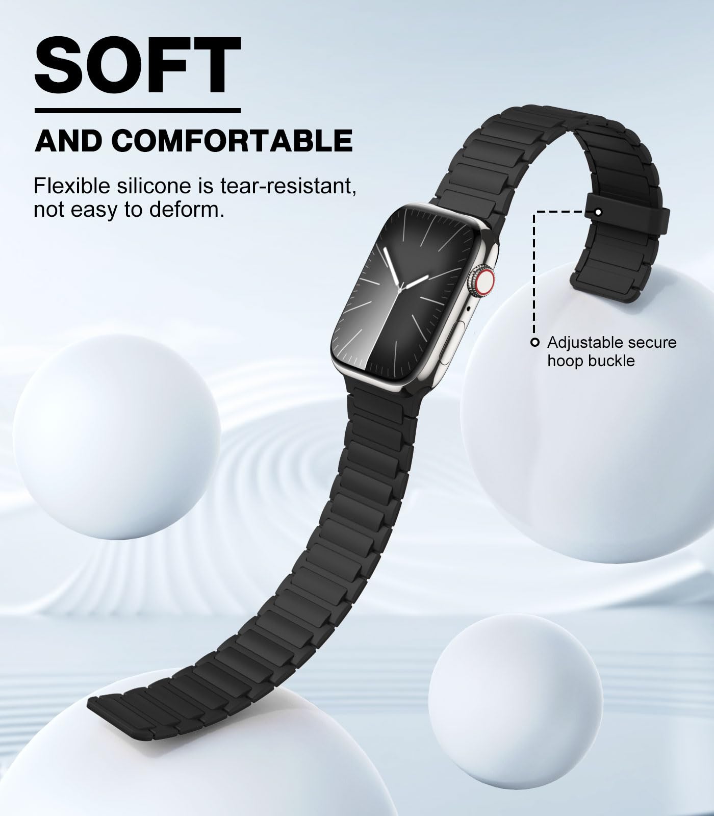 Magnetic Band Compatible with Apple Watch Ultra/Ultra2 49mm/Series SE/10/9/8/7/6/5/4/3/2/1 42/44/45/46mm,Silicone Watch Strap Strong Magnet Link Solo Loop Adjustable Wristband,Black
