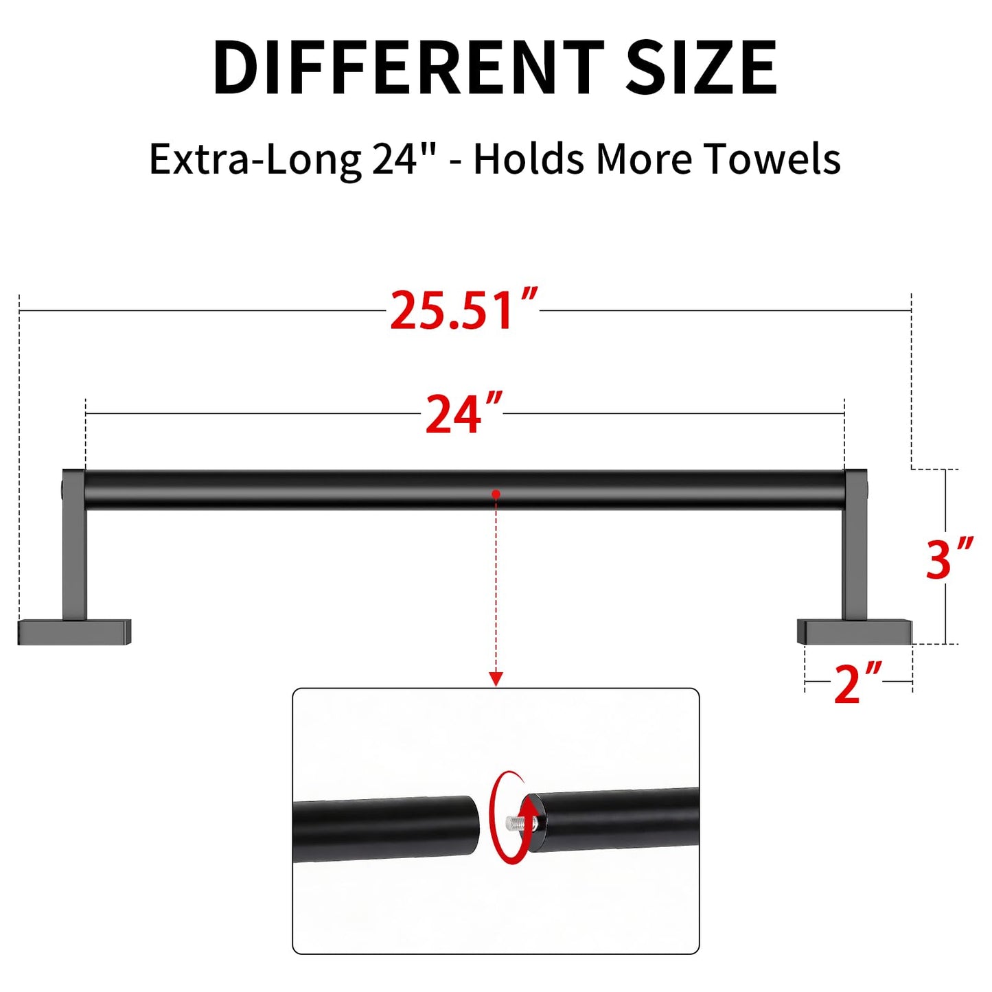 MKO Towel Bar for Bathroom, 24" Hand Towel Holder Rod with Metal, Black Towel Racks for Bathroom Hanger Wall Mounted for Home Essentials, 2 Pack