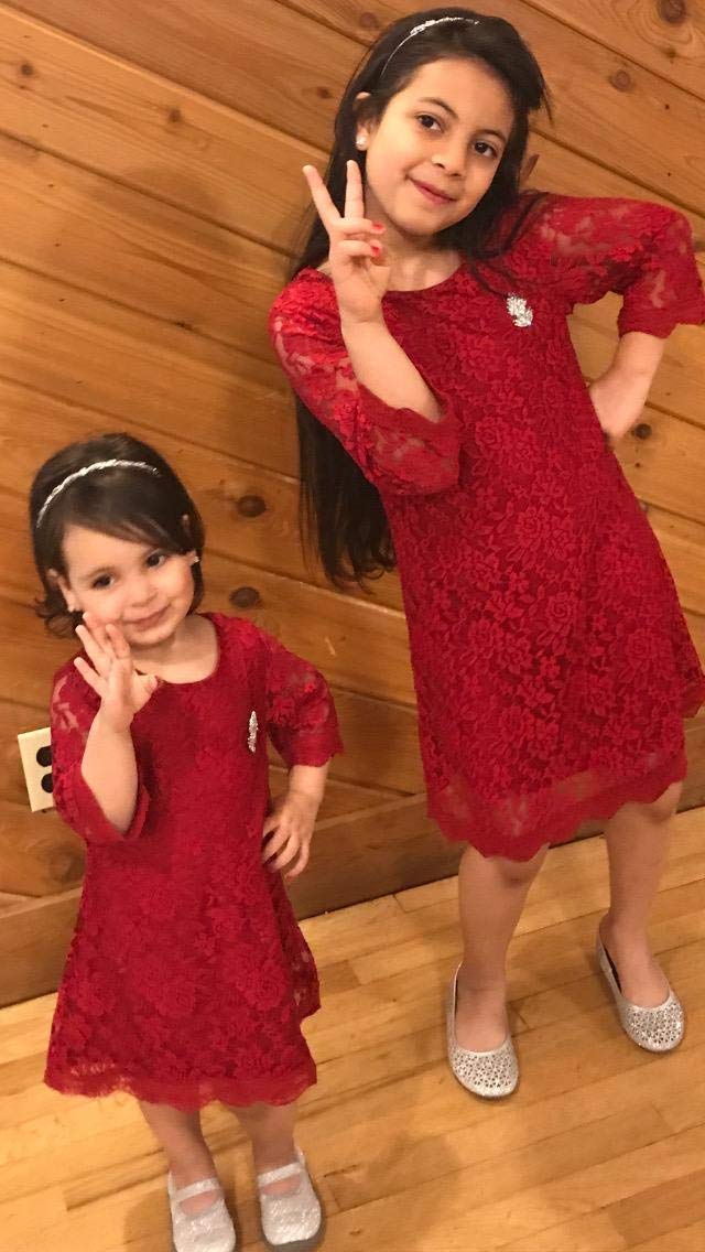 Flower Girl Dress, Lace Dress 3/4 Sleeve Dress (Red, 8-9 Years)