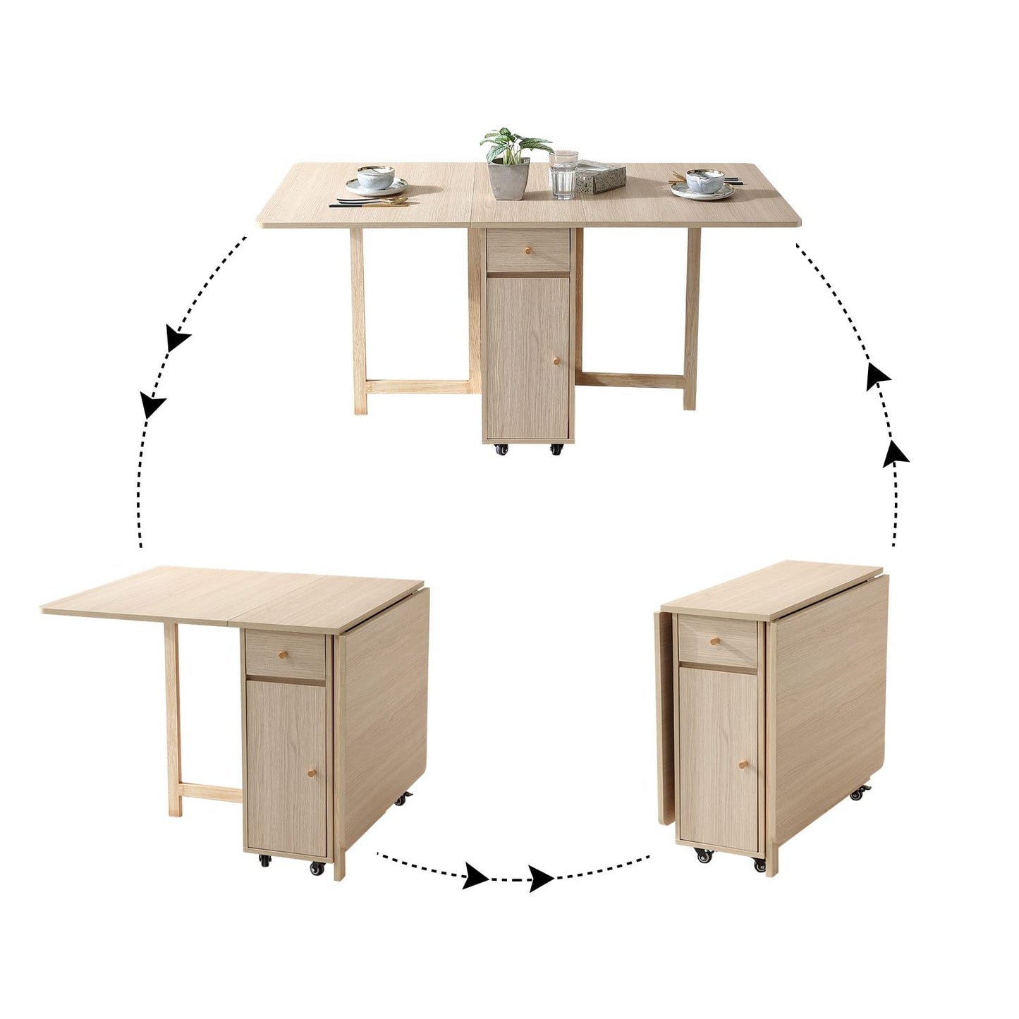 COMUHOME Wood Drop Leaf Folding Dining Table with 2 Drawers and 4 Wheels, Wood Padded Folding Chairs Set of 2, Space Saving Dining Table with 2 Chairs