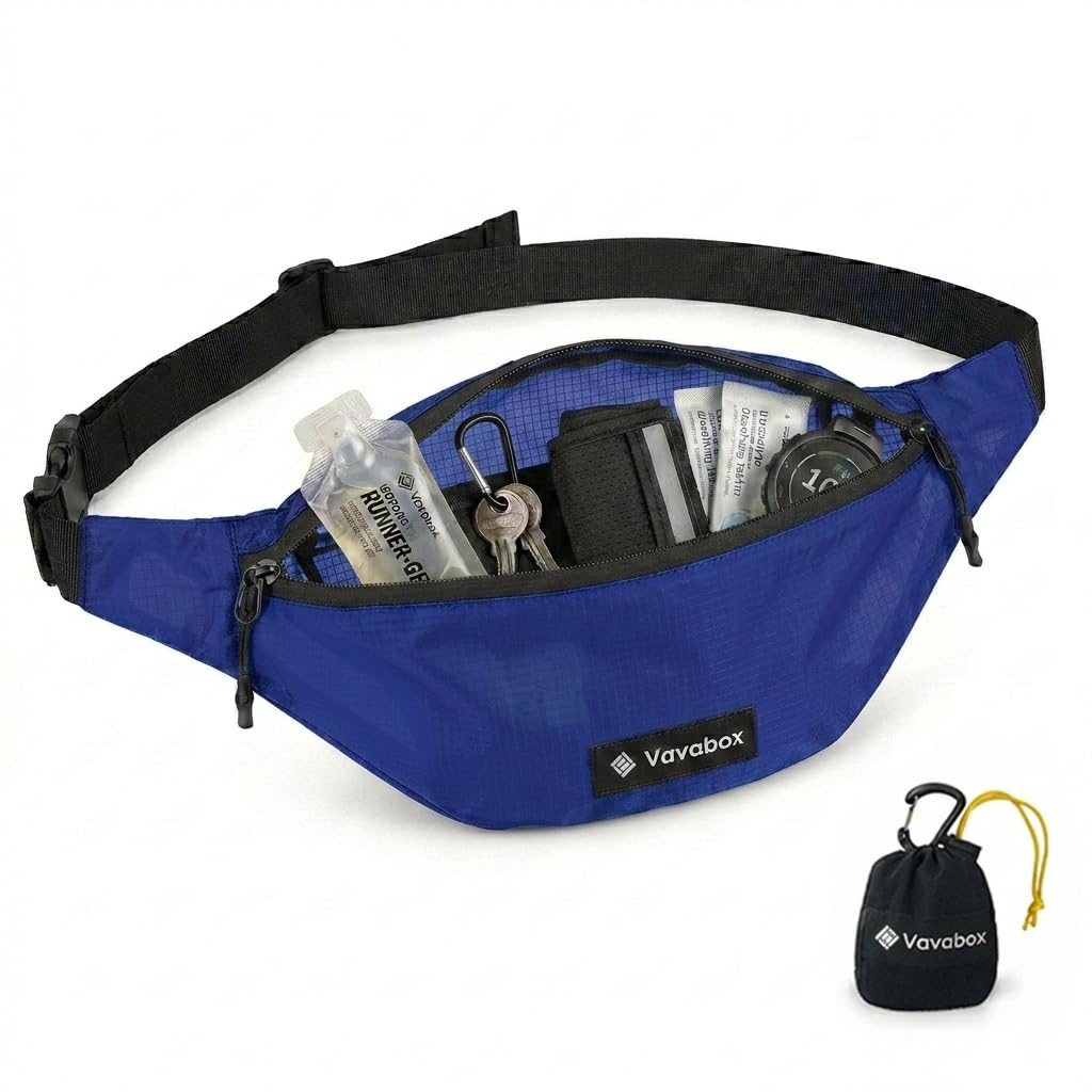 Vavabox Extremely Lightweight Running Belt for Men Women, Fanny Pack Travel Bum Bag with 2 Zippers, Water-Resistant Waist Bag for Running Walking Hiking (Dark Blue)