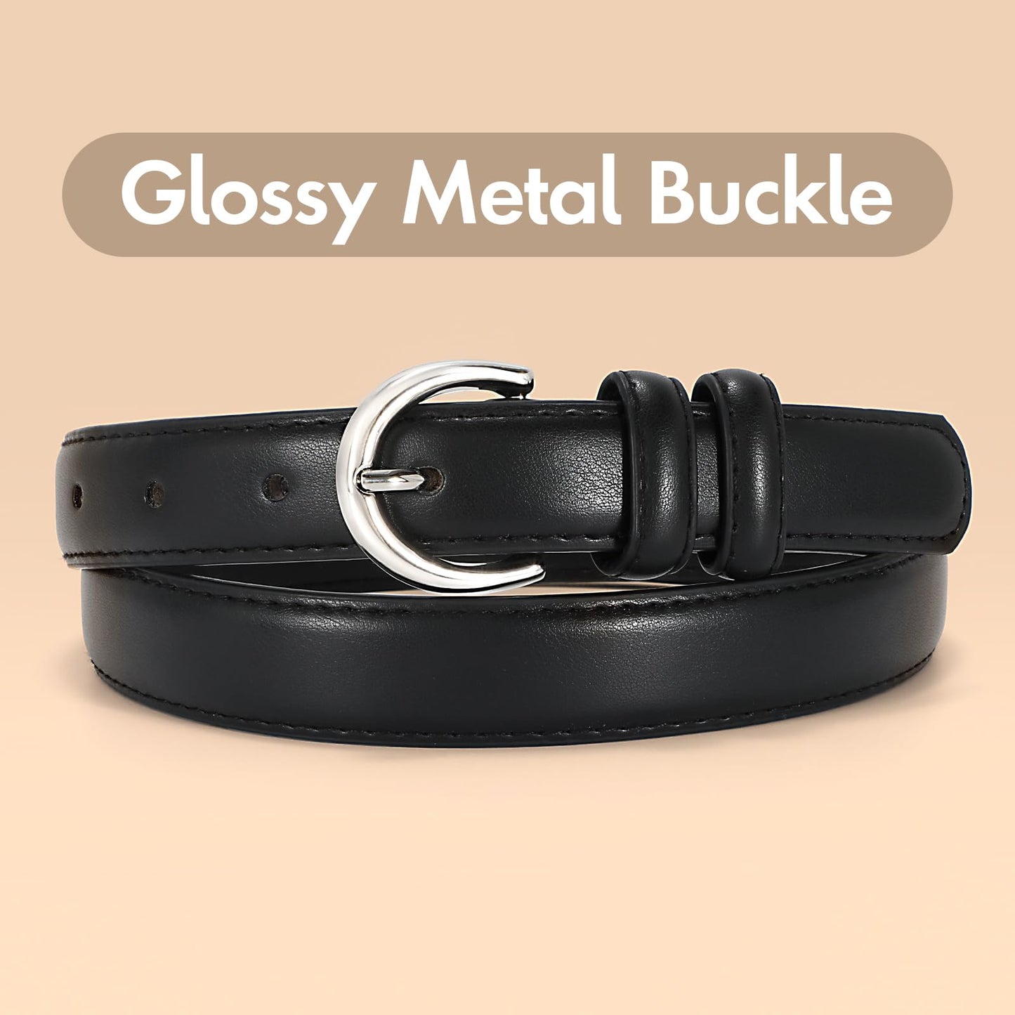 SANSTHS Women Leather Belt for Jeans Pants Fashion Ladies Skinny Belt for Dresses Thin Belt with Single Prong Buckle,Black,L