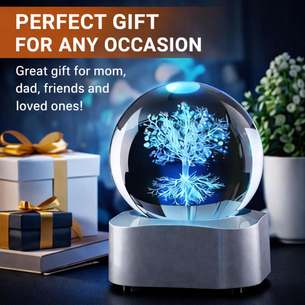 Zerelys 3D Tree of Life Crystal Ball Night Light for Women Men Boys Girls, 3.15 Inch LED Crystal Lamp with Automatic Rotating Light Led Base, Birthday Gift for Kids, Bedroom Decor with Gift Box