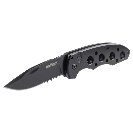 Wolfcraft Leisure Knife with Folding Blade I 4289000 I Versatile leisure knife for hobby and camping - 75 mm blade with serrated cutting edge