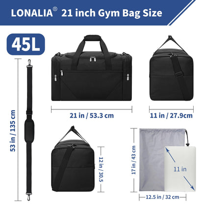 LONALIA 45L Sport Duffle Bag for Men - 21 inch Duffle Bag with Shoe Pouch and Wet Pocket for Travel, Workout, Fitness, Training (Black)