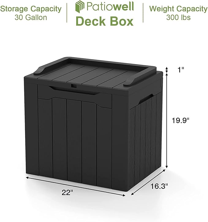 Patiowell 30 Gallon Resin Deck Box, Outdoor Storage Box for Patio Furniture, Deliveries, Pool Supplies,Waterproof and Lockable, Black