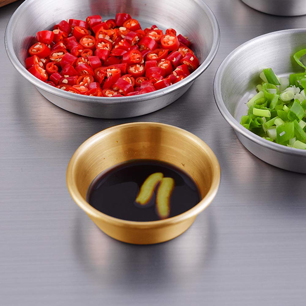 10Pack 2.3OZ Stainless Steel Sauce Dish, Seasoning Dishes, Premium Sushi Dipping Bowl Saucers, Metal Ramekins, Mini Appetizer Plates, Individual Condiment Sauce Cups (Gold)
