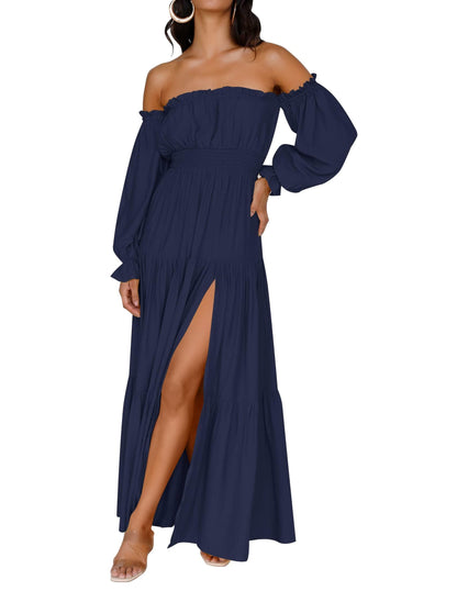ZESICA Women's 2025 Boho Sexy Off Shoulder Long Sleeve Smocked High Waist Side Split Flowy A Line Tiered Long Maxi Dress