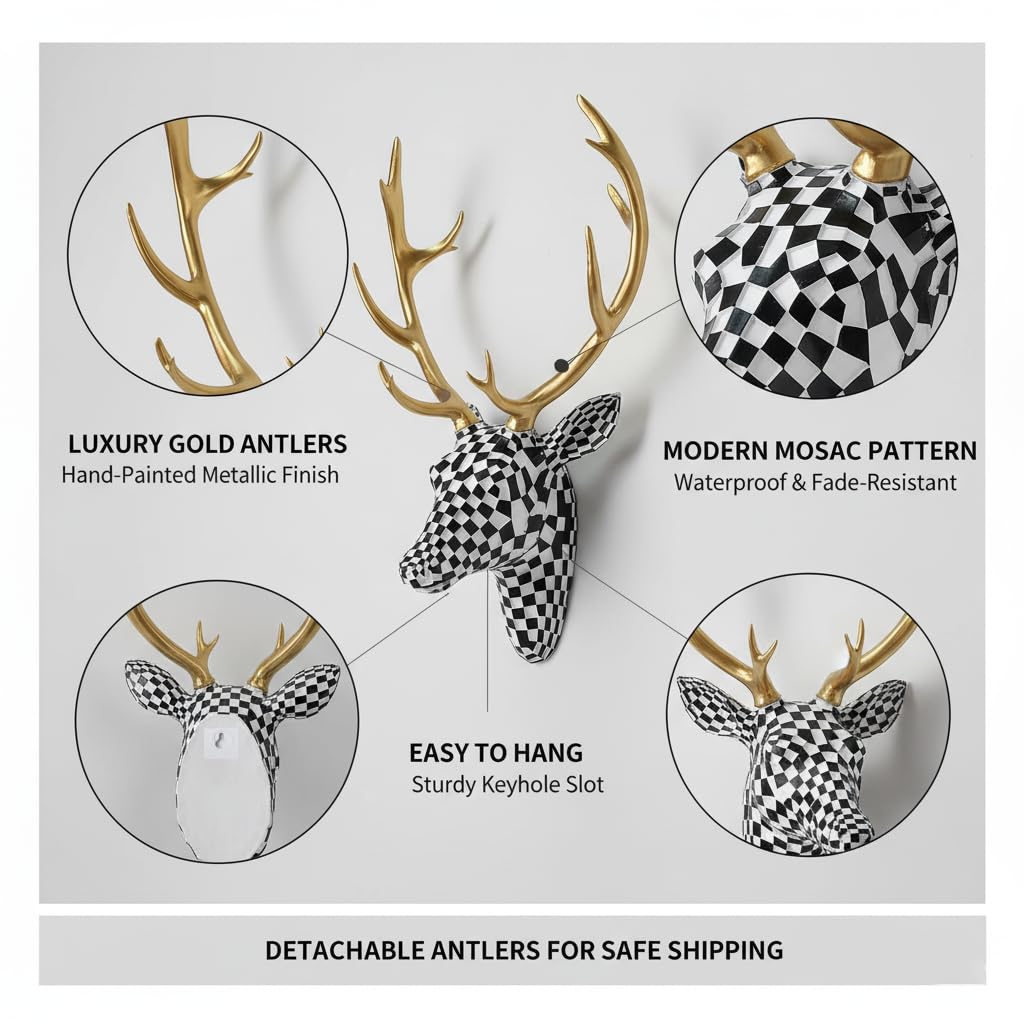 XYZWOMN Deer Head Wall Decor, 15.7 Inch Faux Resin Animal Head Wall Mount with Gold Antlers, Modern Mosaic 3D Wall Art Sculpture for Living Room Bedroom Home Decoration, Black and White