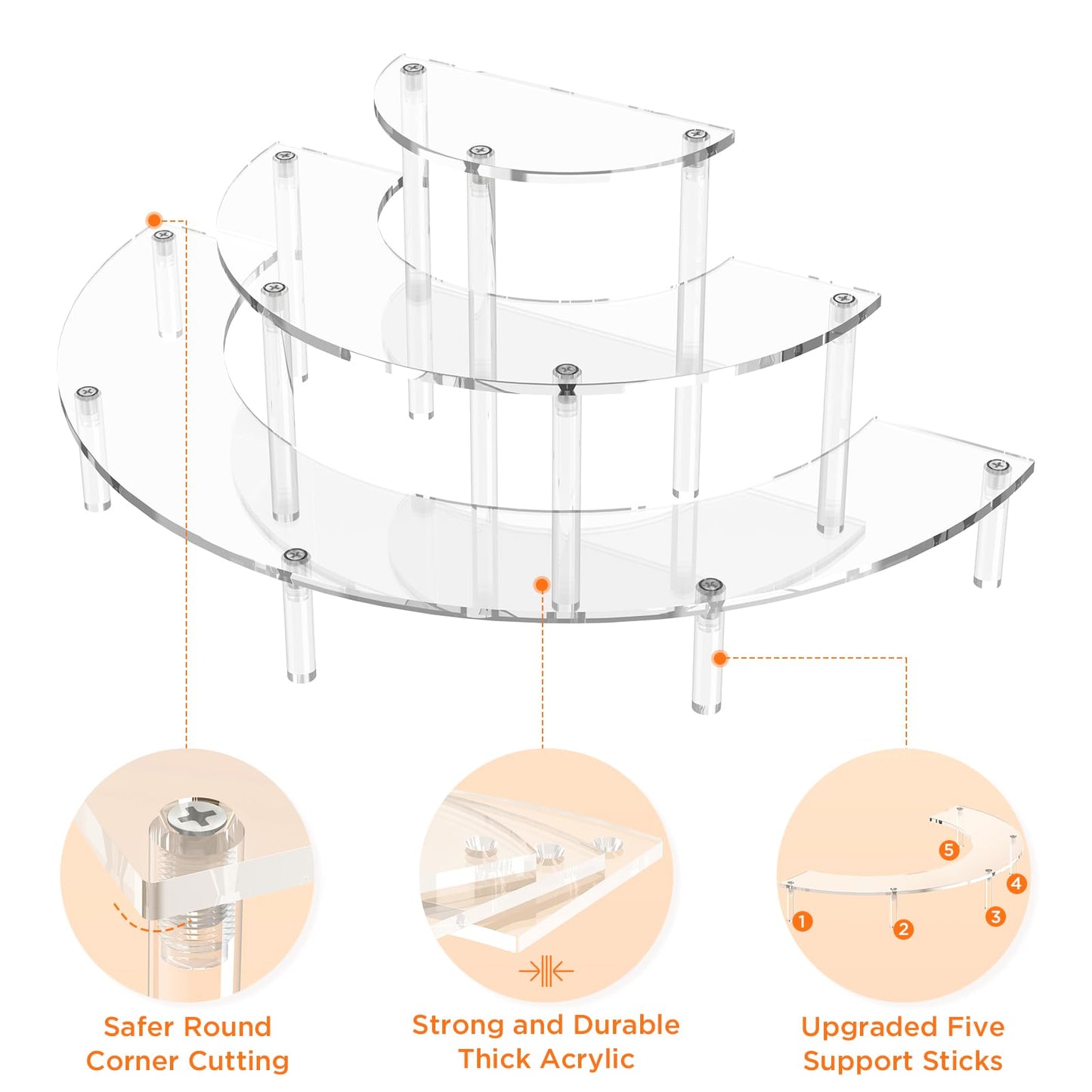 3 Tier Acrylic Display Risers 2 Pack, Half Moon Cupcake Stand, Clear Perfume Organizer, Dessert Stand for Display, Clear Display Stand for Food, Cupcake, Perfume, Collections
