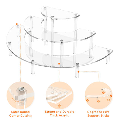 3 Tier Acrylic Display Risers 2 Pack, Half Moon Cupcake Stand, Clear Perfume Organizer, Dessert Stand for Display, Clear Display Stand for Food, Cupcake, Perfume, Collections