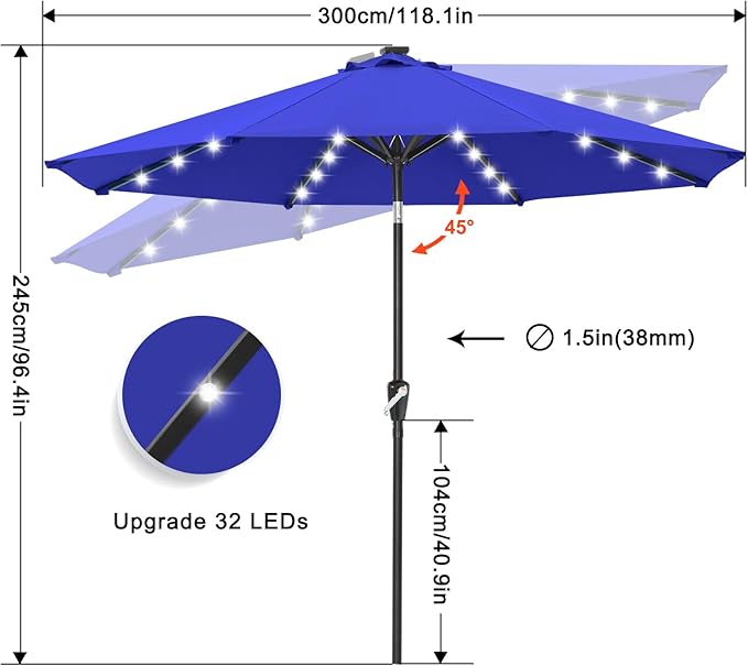 ABCCANOPY 10FT Durable Solar Led Patio Umbrellas with 32LED Lights (Blue)