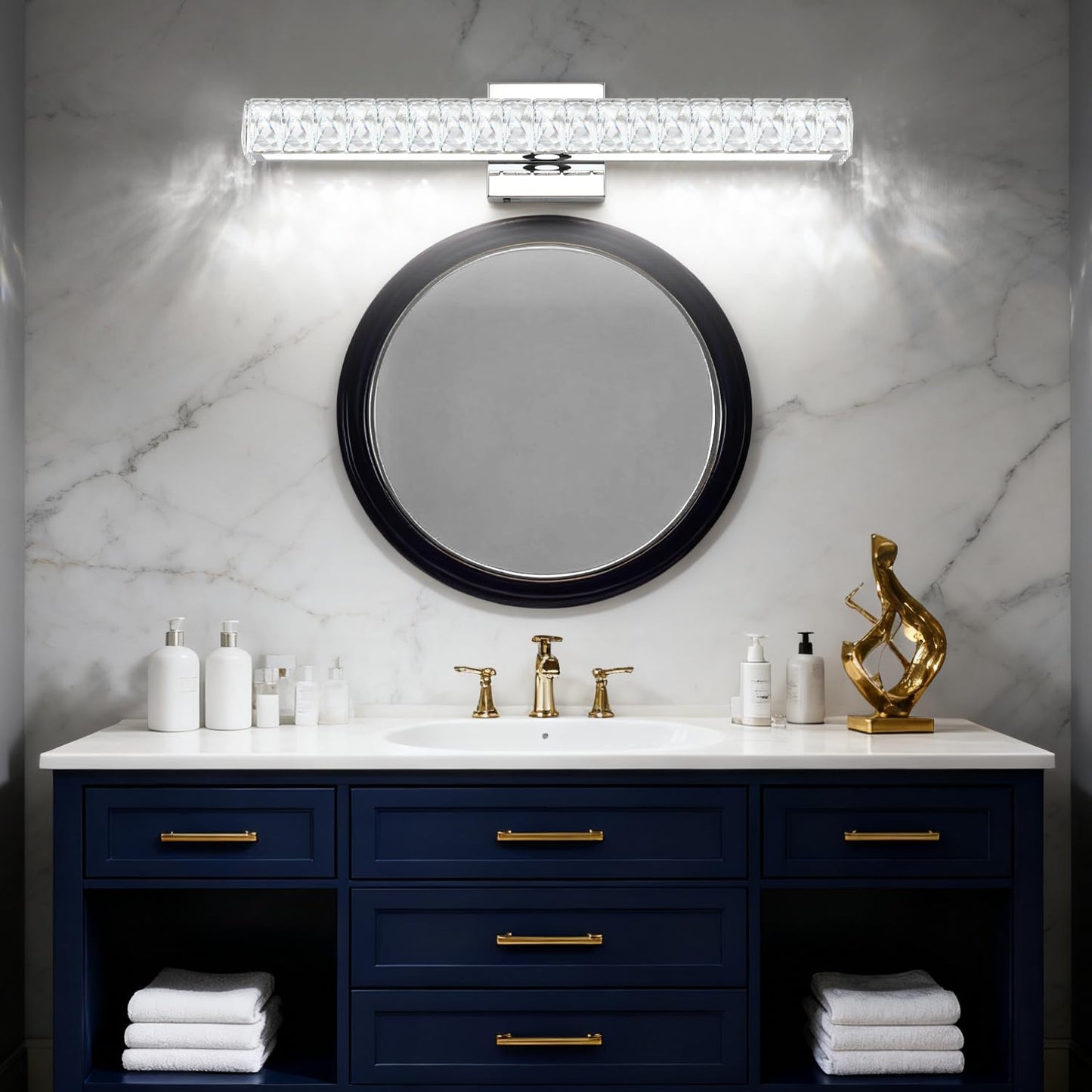 SOLFART Crystal Bathroom Lighting Fixtures Over Mirror, 24 Inch Chrome LED Vanity Light, 5 Color Adjustable 5CCT