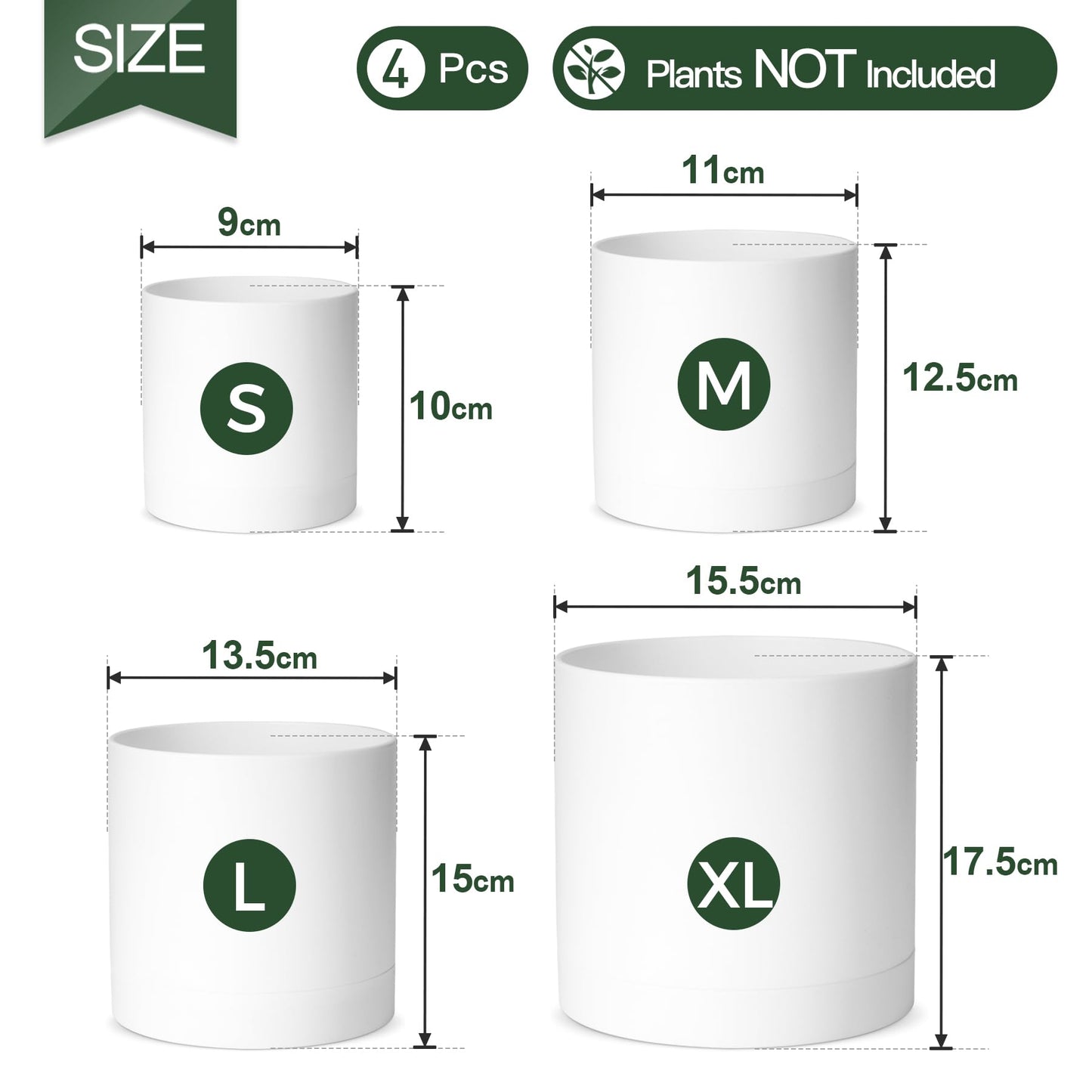 T4U 10/12.5/15/17.5 cm Plastic Flower Pot with Multiple Drainage Holes, Set of 4 Planters, Herb Pot with Saucer, Round Plant Pot for Indoor and Balcony Succulent Cactus, White