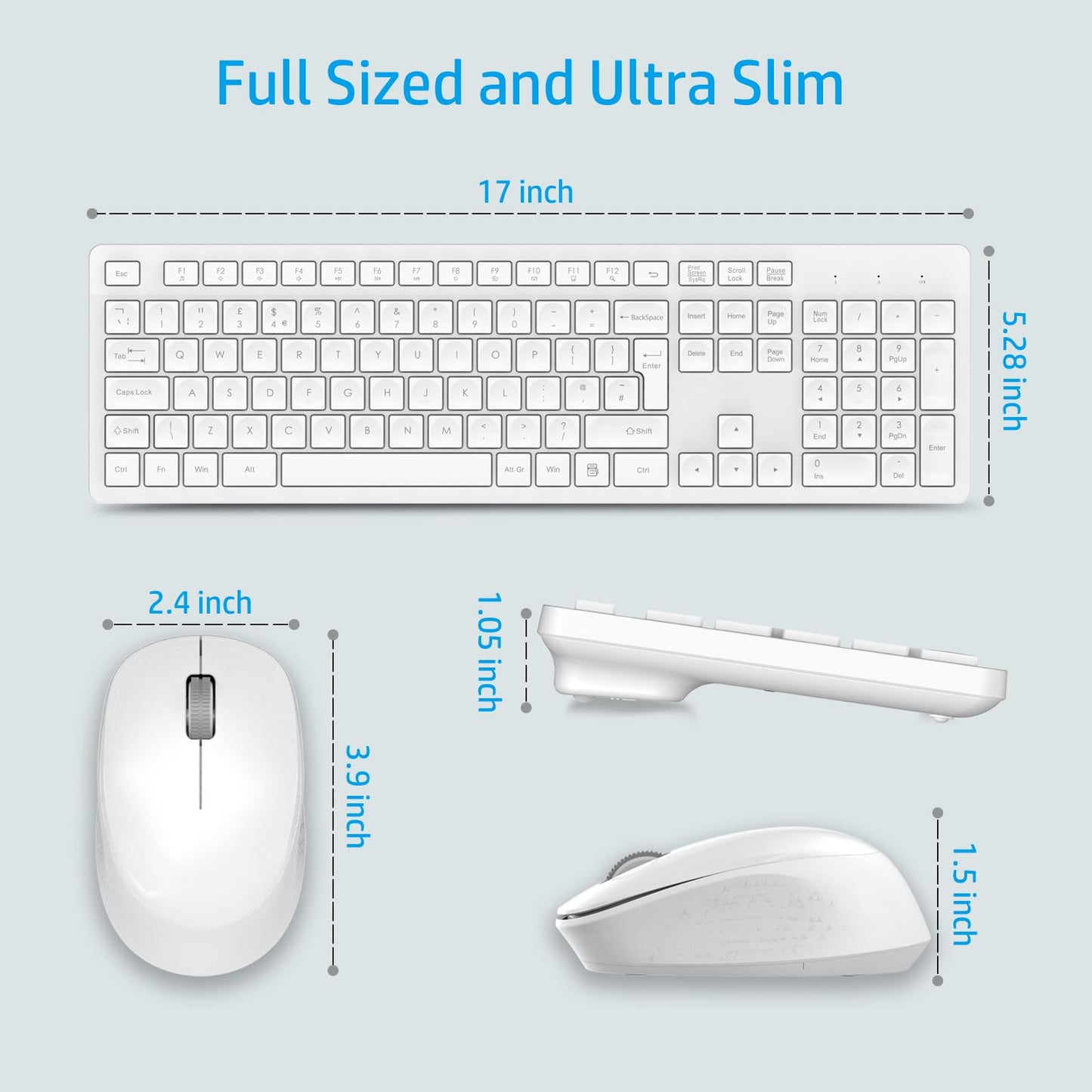 LeadsaiL Wireless Keyboard and Mouse Set, 2.4GHz USB Computer Keyboards and Mouse Combo, Soft Touch, Full Size UK QWERTY Layout with 12 Multimedia Shortcuts for HP/Lenovo Laptop and Mac-White