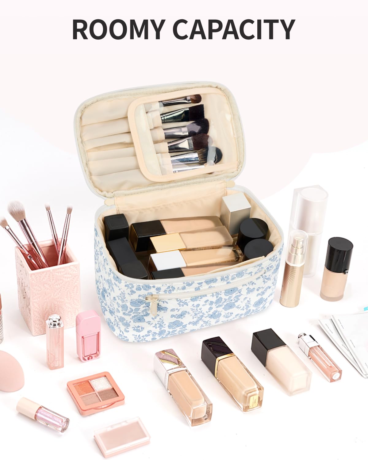 Travel Makeup Bag with Brush Compartment, Large Cosmetic Bags, Quilted Fabric Makeup Case with Handle, Water-Resistant for Women, Blue Flower (Patent Pending)