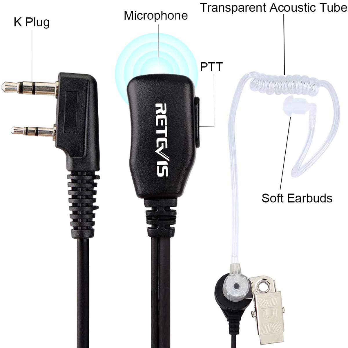 Retevis Radio Earpiece 2 Pin Covert Acoustic Tube Radio Headset Compatible with Walkie Talkie RT24 RT27 RT668 RT622 RT5R eSynic Baofeng UV-5R BF-888S KENWOOD Earphones for Walkie Talkie (5 Pcs)