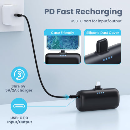 [2-Pack] Mini Portable Charger 5000mAh Power Bank,3A PD USB C Cell Phone Portable Power, LCD Display Battery Pack Compatible with iPhone 16/15/15 plus/15 pro/15 pro Max/Android/Samsung/Moto/LG etc
