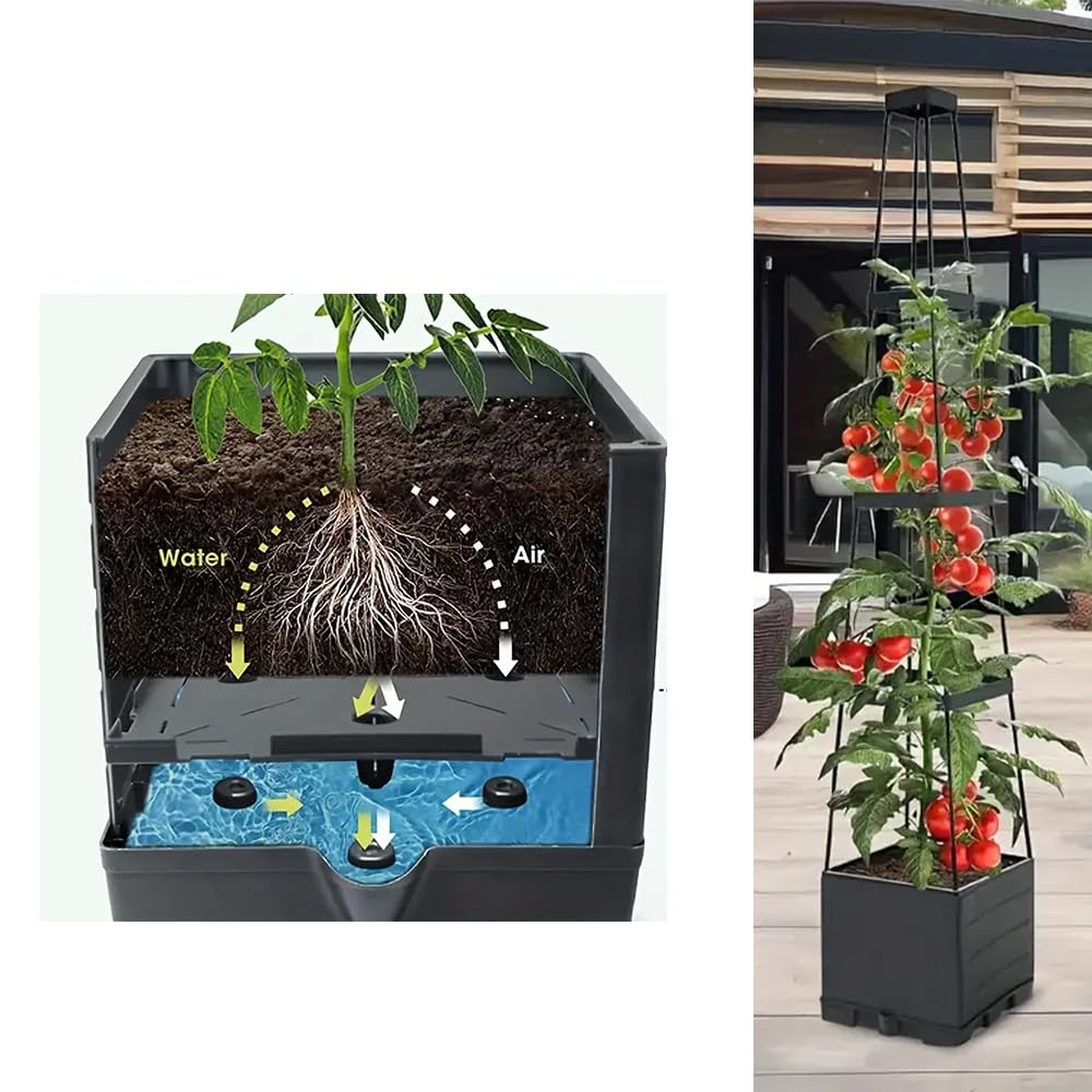 Qhinaster Raised Garden Bed Planter Box with Trellis 57" Self-Watering Tomato Cage Planters for for Climbing Vegetable and Plants, Raised Tomato Planter Boxes (1 pcs)