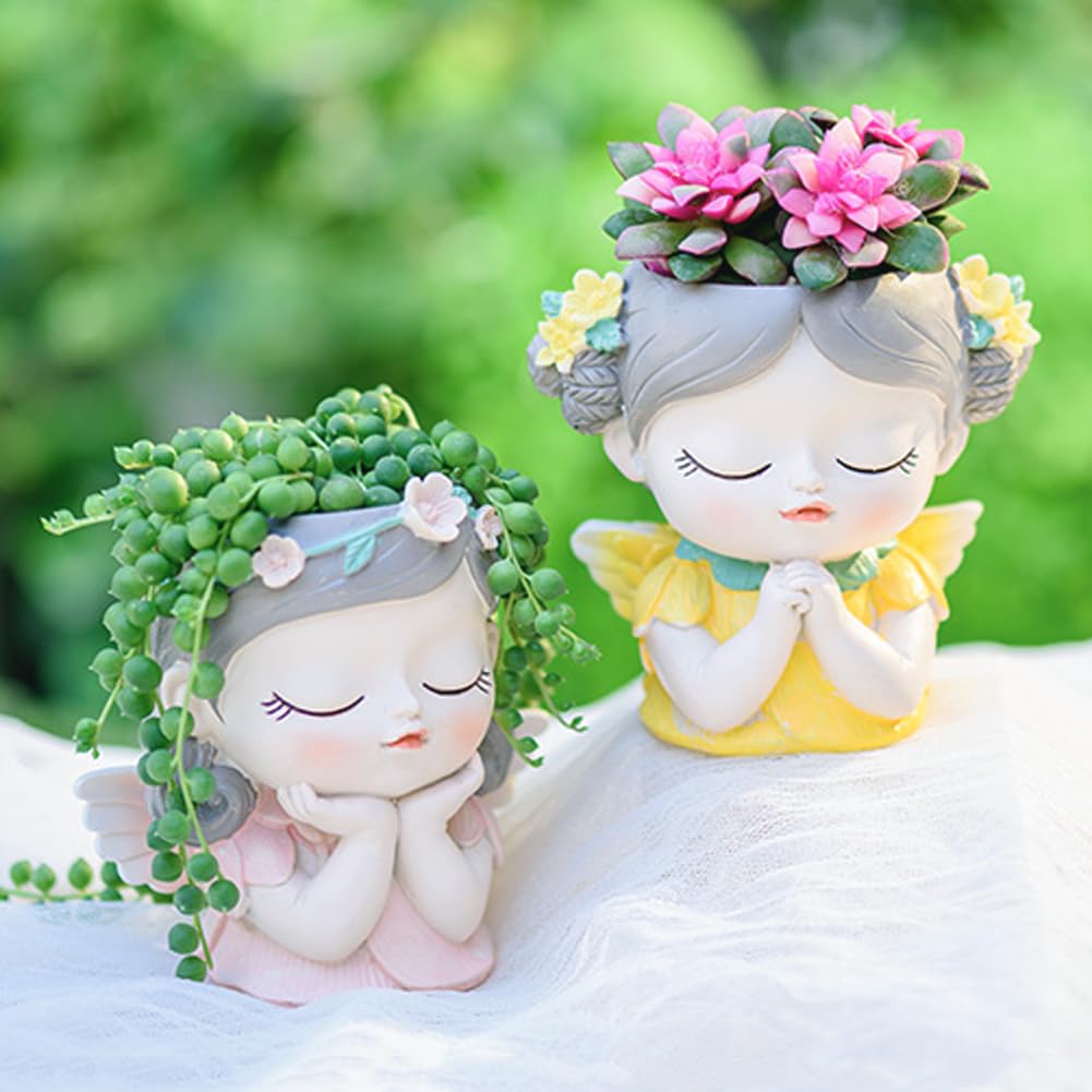 Argofox Small Angel Girl face Succulent Planter 2 Pack with Drainage Hole Indoor Cactus Plant Pot Cute Flower Vases Decor with Girl Face Planter Gifts Idea for Women