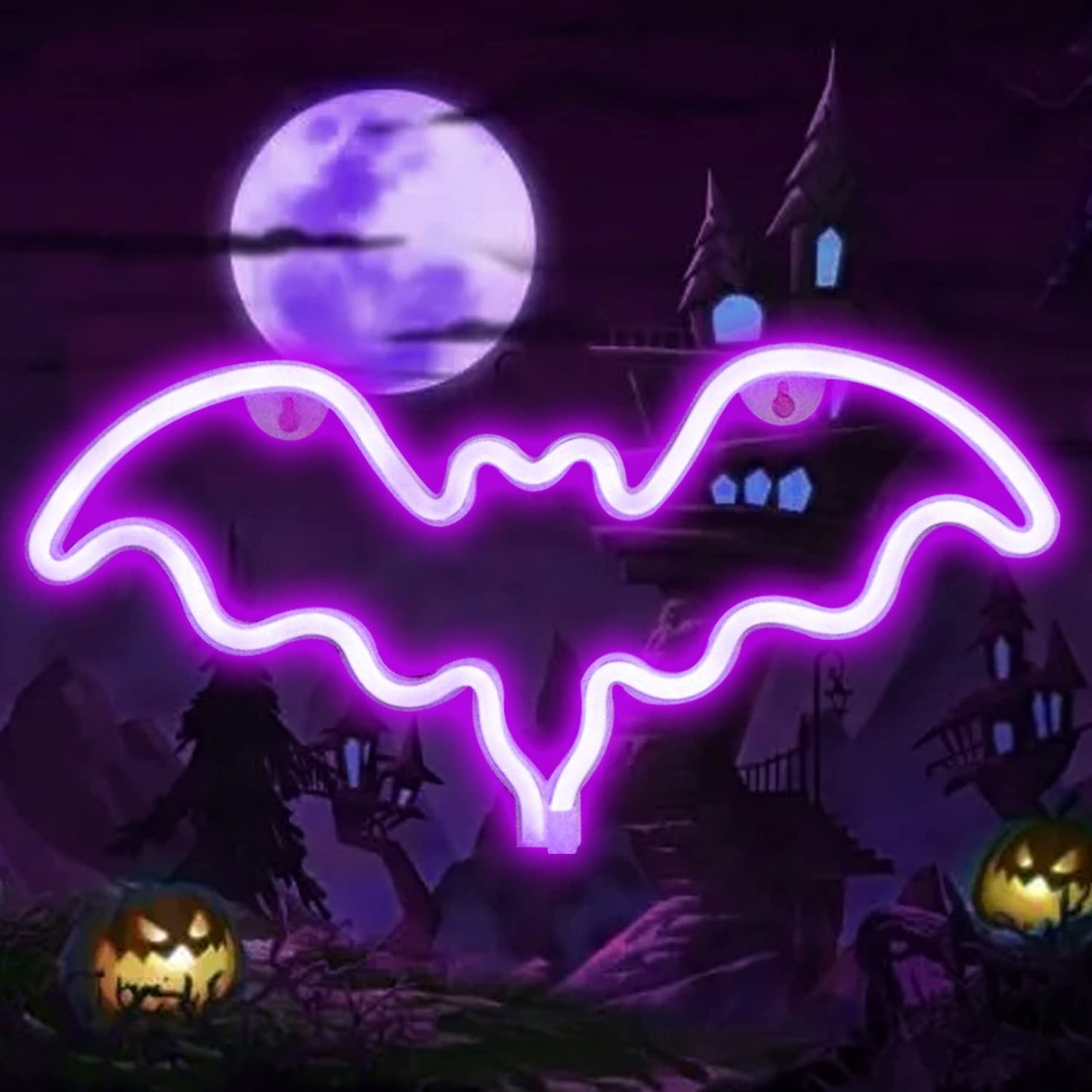 Vicila LED Neon Bat Signs Halloween Decor, Purple Bat Shape Neon Lights Gothic Battery Operated Desk Table Lamp for Bedroom, Bar, Wall, Coffin Decor-Bat(Purple)