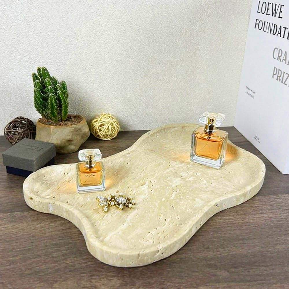 Cloud Shape 100% Natural Travertine Tray Luxury Travertine Vanity Organizer for Bathroom Kitchen Counter, Decorative Tray for Dresser Home Décor, 13.3x8.3x0.7 inches