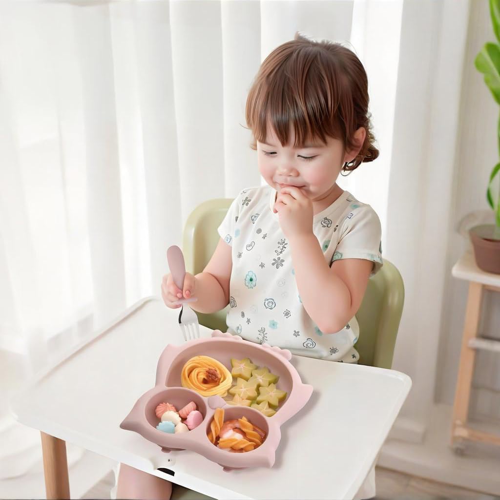 PandaEar Toddler Suction Plates, Stay Put Divided Baby Plates, Owl Shape BPA-Free 100% Food-Grade Silicone Unbreakable Baby Plate, Baby Feeding Supplies (Pink)
