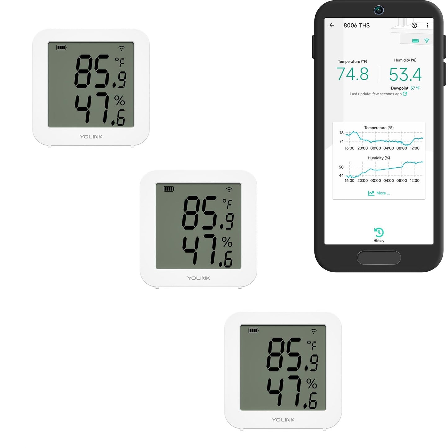YoLink Indoor Hygrometer Thermometer, 3-Pack, 2-Year Data Storage Export, Advanced Offline Storage, LoRa Tech, App Push, Email, SMS, Hub Required