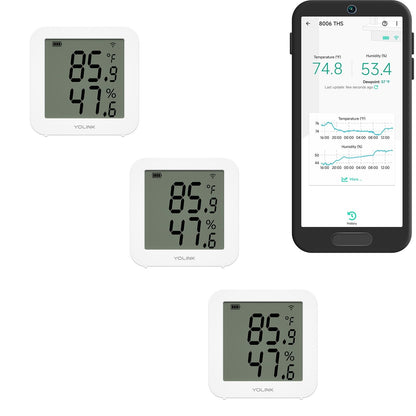 YoLink Indoor Hygrometer Thermometer, 3-Pack, 2-Year Data Storage Export, Advanced Offline Storage, LoRa Tech, App Push, Email, SMS, Hub Required