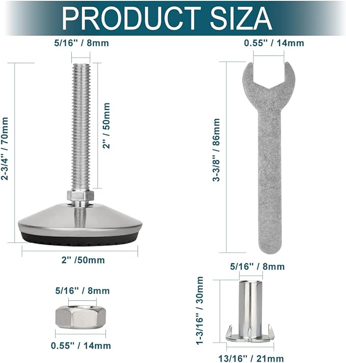4 Set M8 Leveling Feet with 4-Pronged T Nut, Adjustable Leg Levelers Heavy Duty