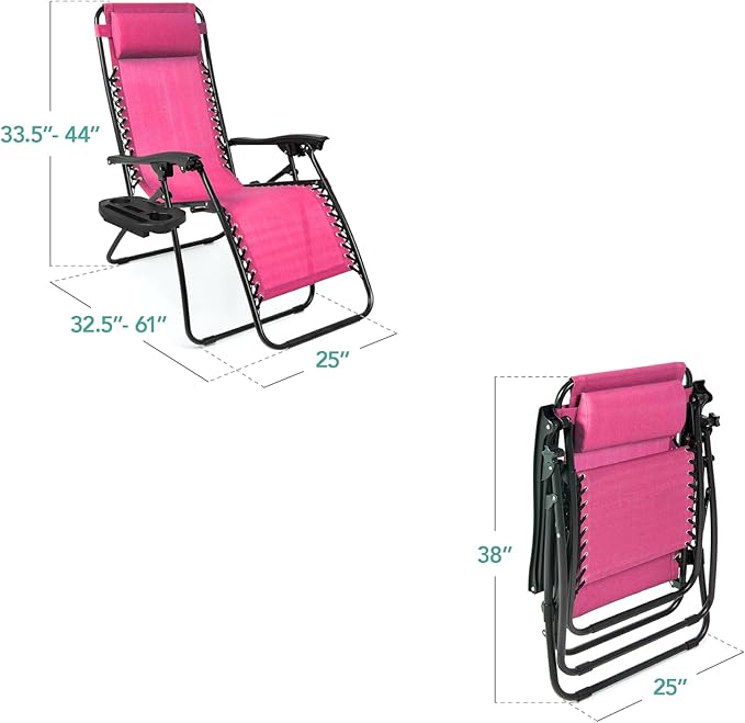 Best Choice Products Set of 2 Adjustable Steel Mesh Zero Gravity Lounge Chair Recliners w/Pillows and Cup Holder Trays - Pink